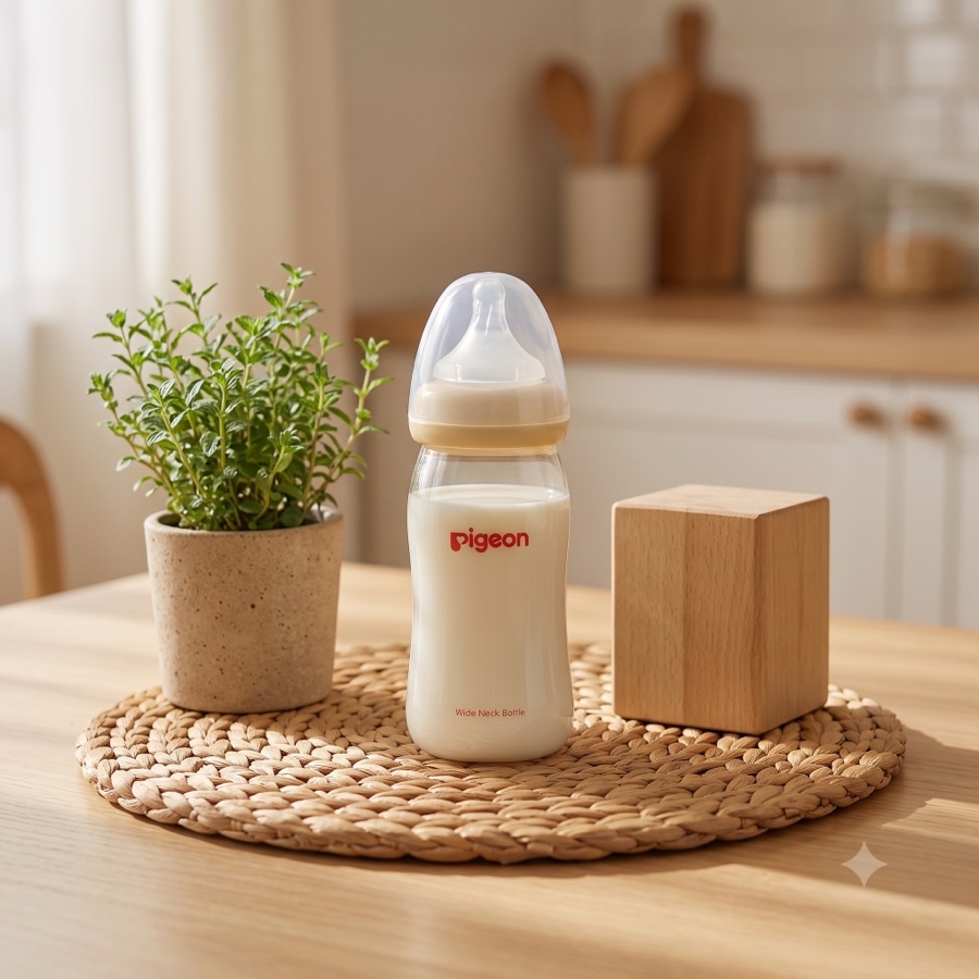 Pigeon SofTouch wide-neck feeding bottle on a woven placemat
